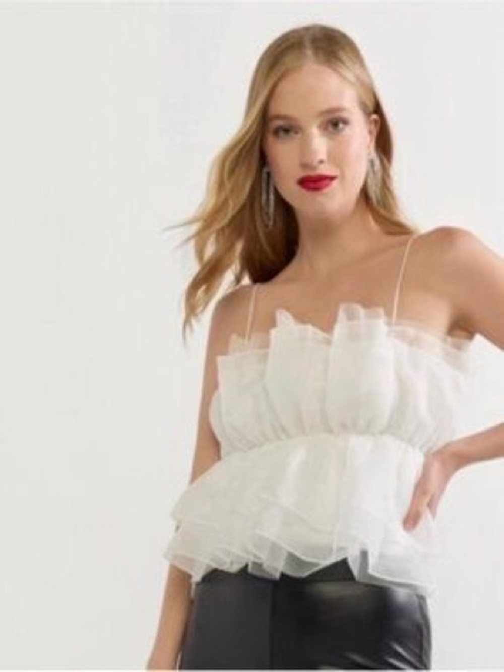 Francesca's Collections White Ruffled Organza Spaghetti Strap Tank Top